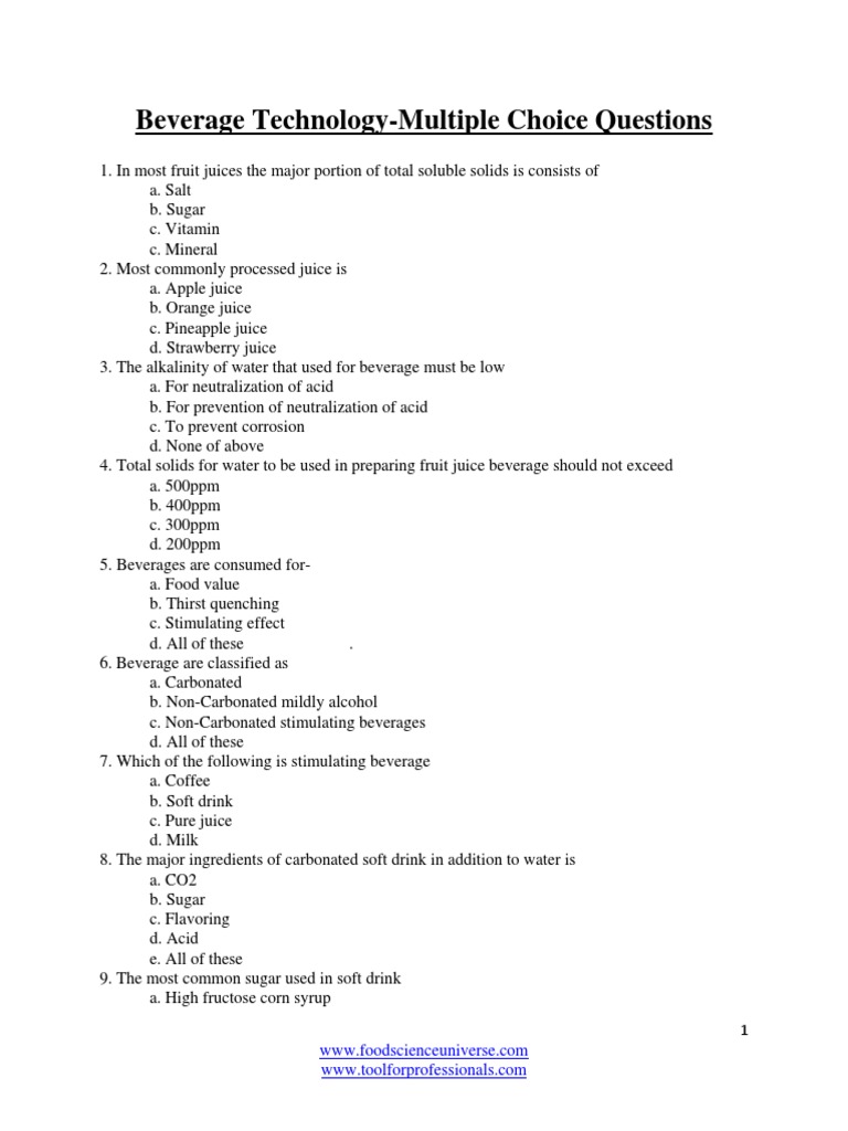 Beverage Technology MCQS With Answers Key Drink Coffee