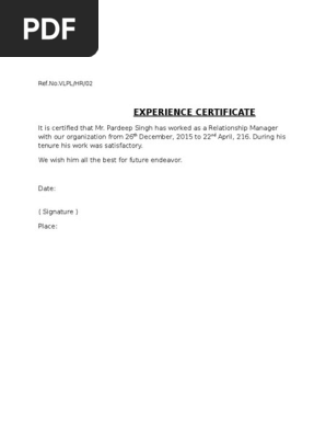Experience Certificate