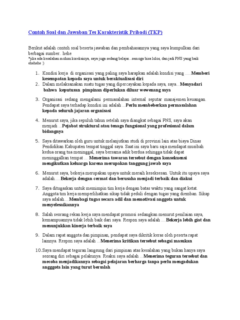Contoh Soal Dan Jawaban Tes Karakteristik Pribadi
