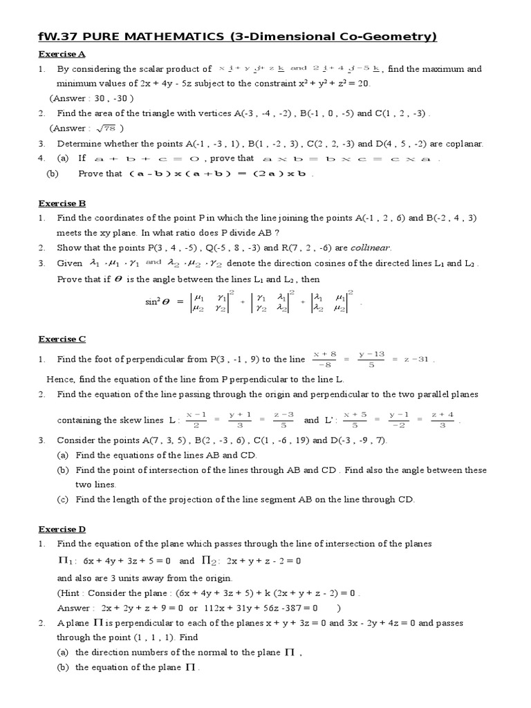 3-Dimensional Co-Geometry Worksheet 1 | Plane (Geometry) | Perpendicular