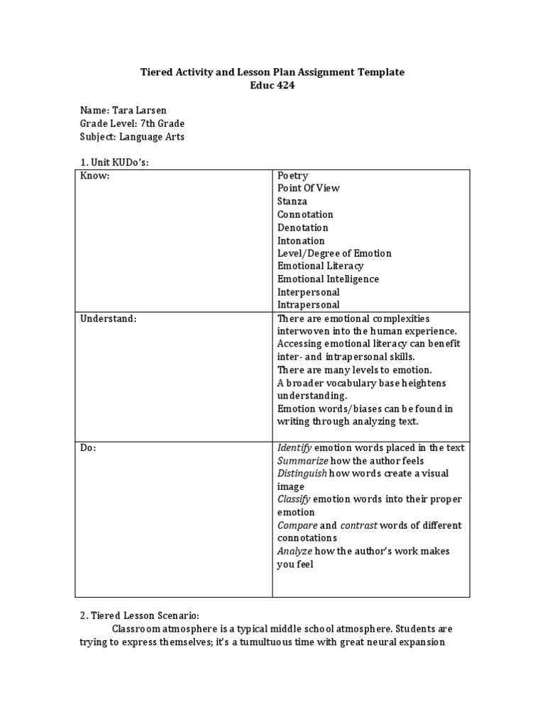 tiered activity and lesson plan assignment template Emotions SelfImprovement