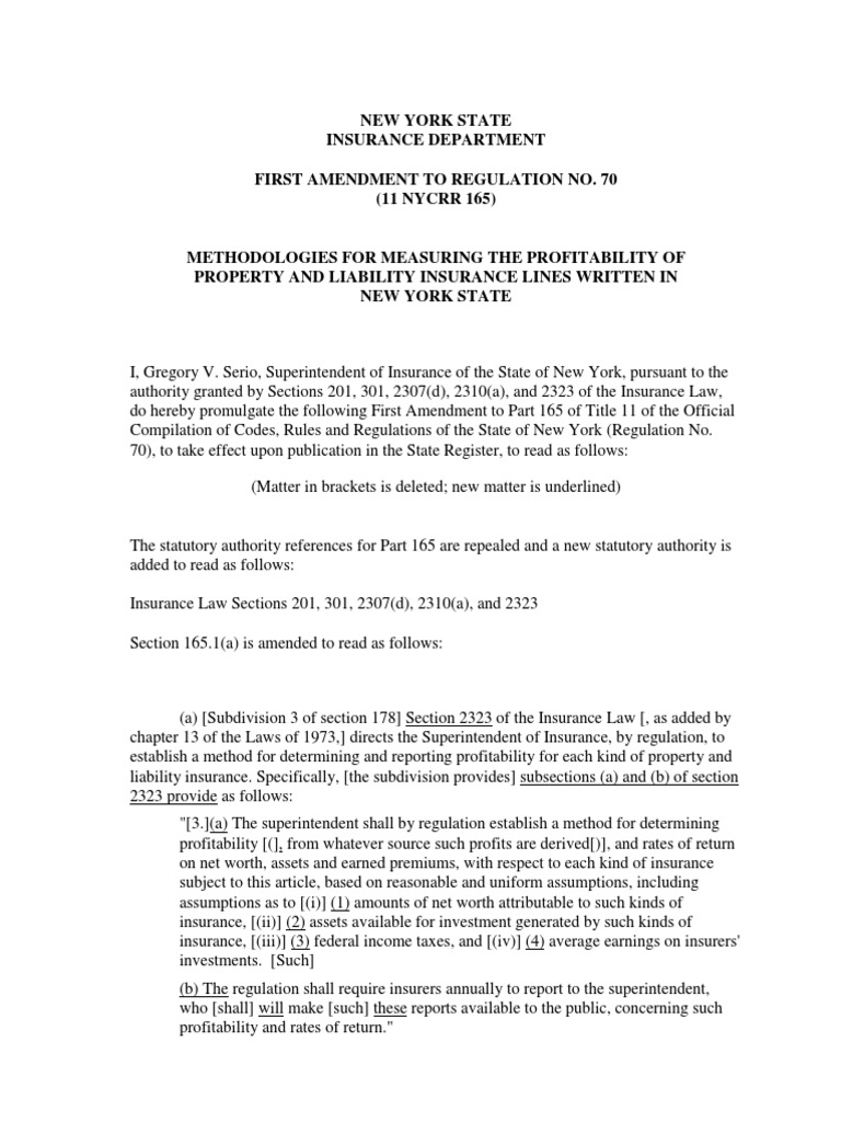 New York State Insurance Department First Amendment To Regulation No