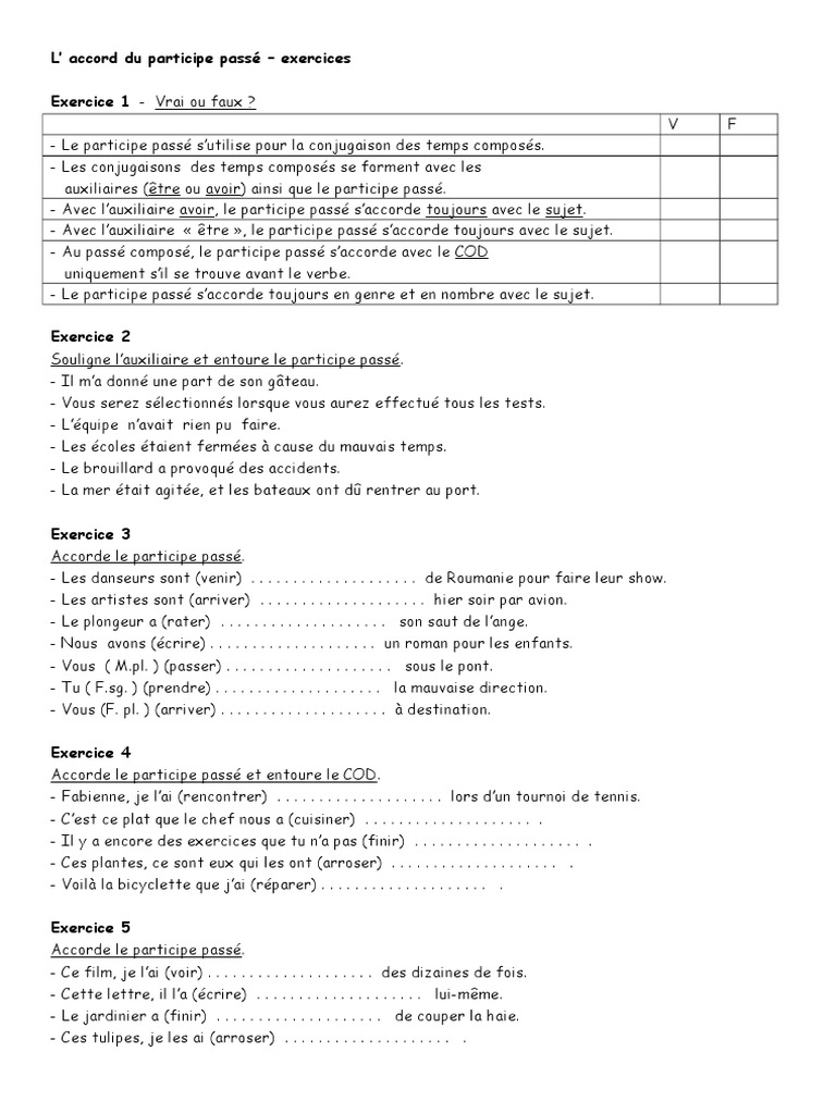 Exercices Sur L'accord Du Participe Passé Avec Etre Et Avoir Cm2 L'Accord Du Participe Passe - Exercices | Sujet (Grammaire) | Syntaxe