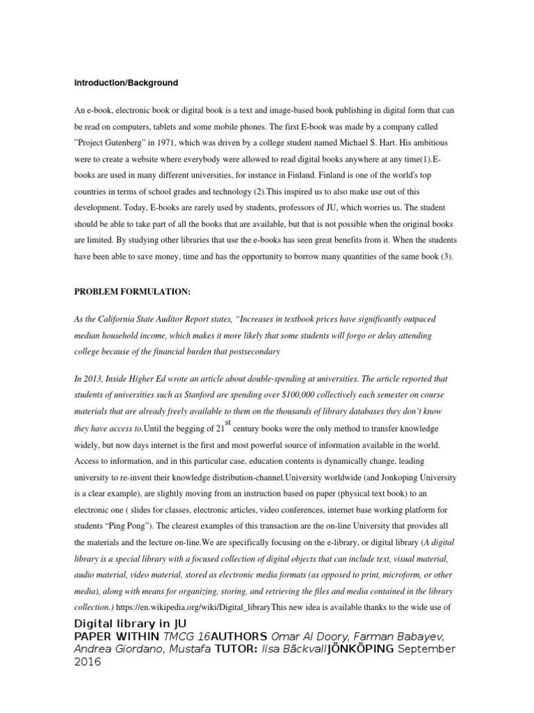 Introduction/background Digital Library in JU PAPER WITHIN TMCG 16AUTHORS Omar Al Doory, Farman