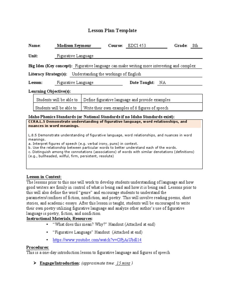 Figurative Language Lesson Plan PDF Word Understanding