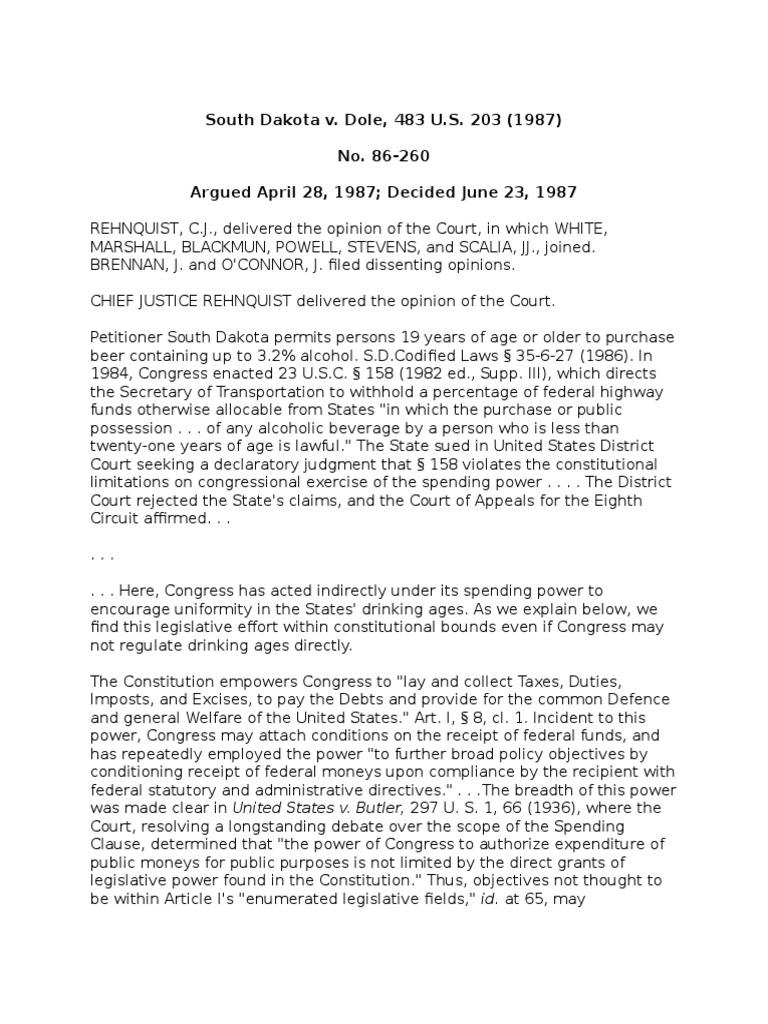 South Dakota V Dole PDF United States Congress American Government