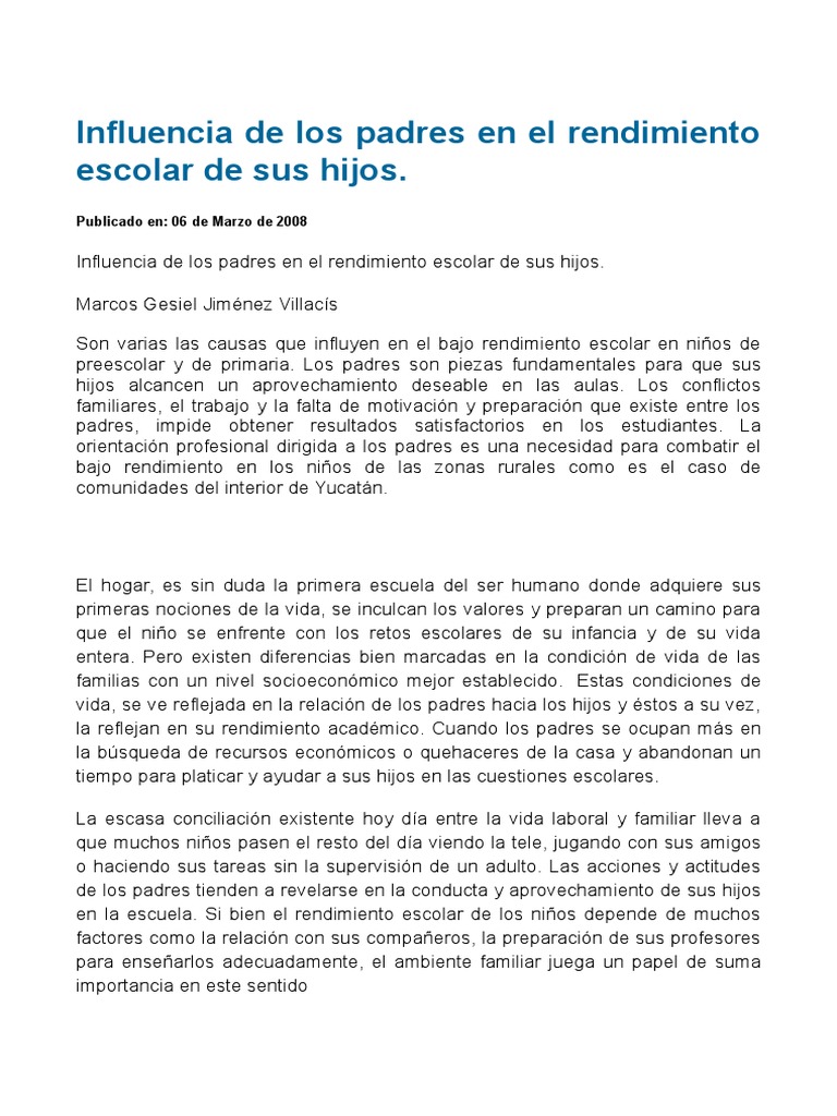 Influencia de Los Padres en El Rendimiento Escolar de Sus Hijos | PDF ...