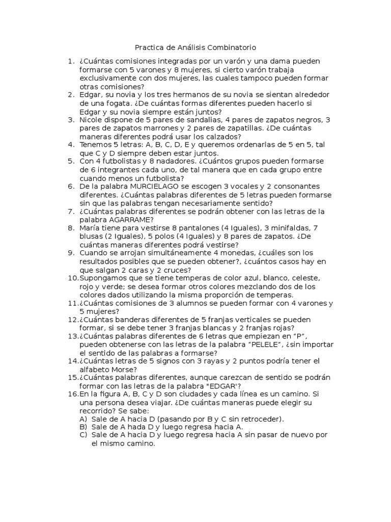 Ejercicios de Análisis Combinatorio | PDF | Ocio