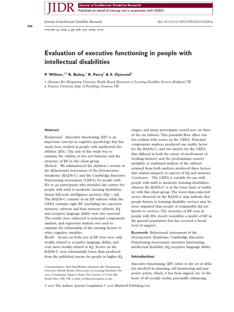 Evaluation of Executive Functioning in People With Intellectual Disabilities PDF Wechsler