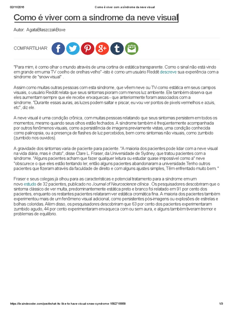 Como É Viver Com A Síndrome Da Neve Visual PDF | PDF | Enxaqueca ...