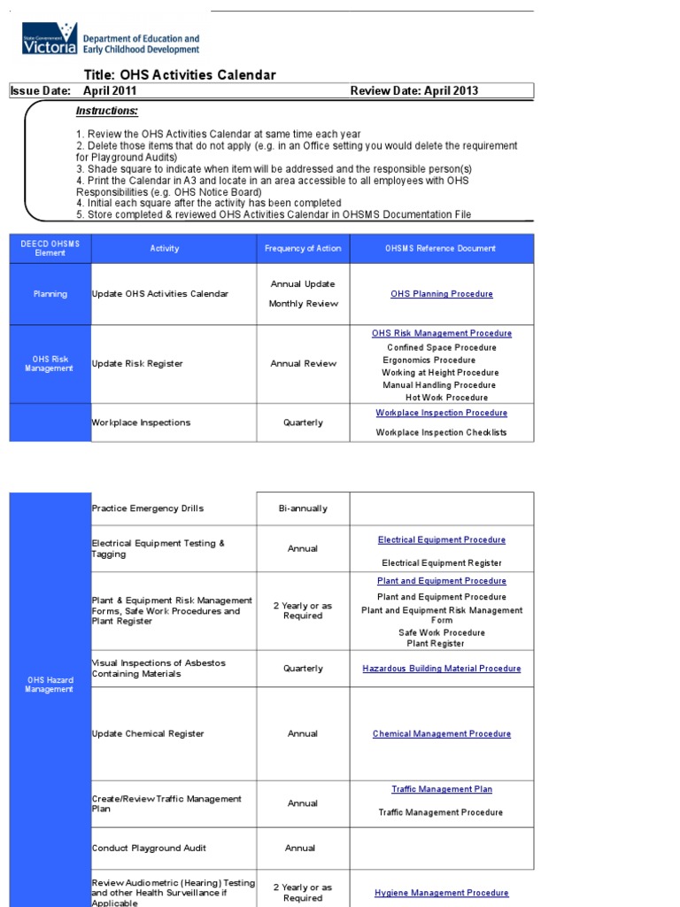 DEE EHU 221 OHS Activities Calendar PDF First Aid Occupational