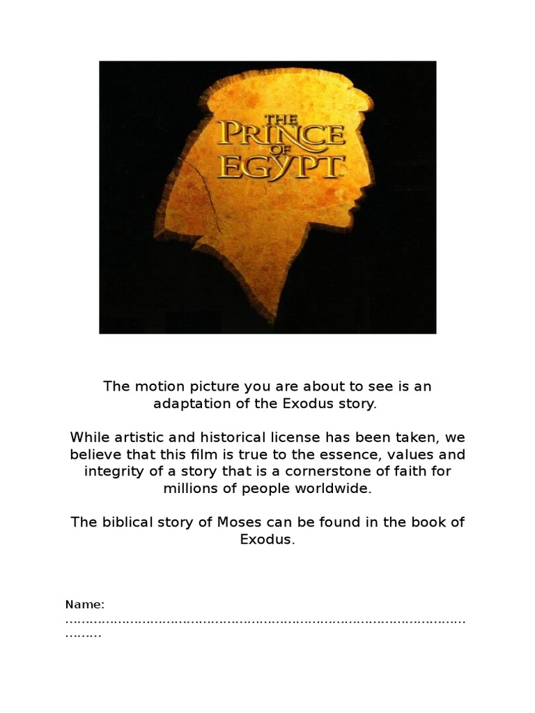 The Prince of Egypt Questions PDF Israelites Moses