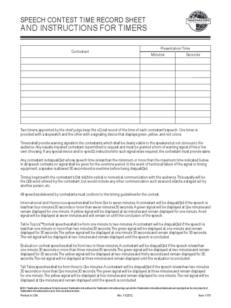 Speech Contest Time Record Sheet PDF Communication