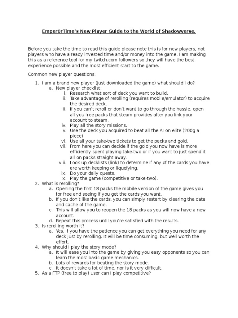 Shadowverse New Player Guide | PDF | Games & Activities