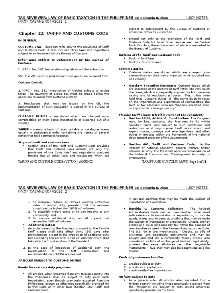 Chapter 12 Tariff and Customs Code Tax Reviewer Law of Basic