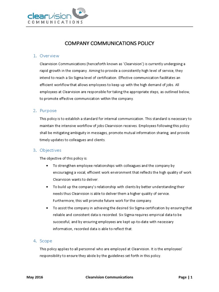 Clearvision Communication Policy V1.1 | PDF | Six Sigma | Communication