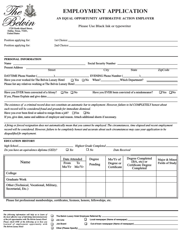 A Detailed Application for Employment at The Belvin Luxury Hotel | PDF ...
