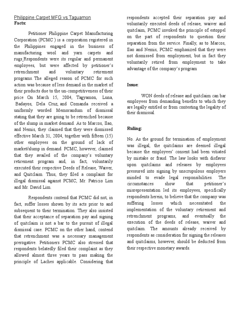 Philippine Carpet MFG Vs Taguamon PDF Carpet Employment