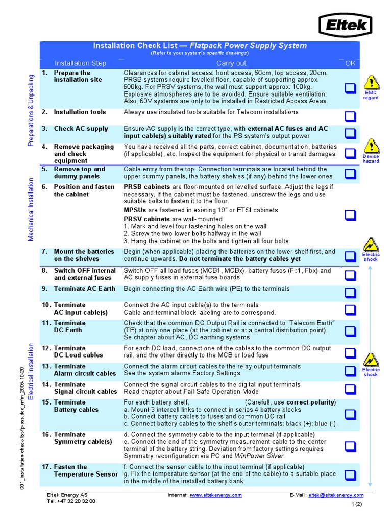 Installation Checklist for Flatpack PS System | PDF | Screw | Fuse ...