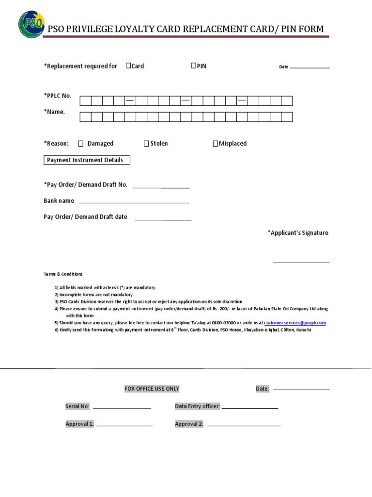 PSO Loyalty Card Replacement Form | PDF