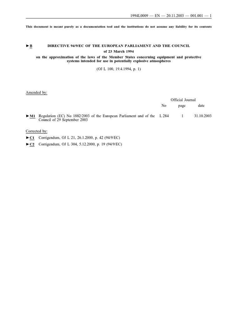 EU Directive 94/9/EC on Explosive Safety | PDF