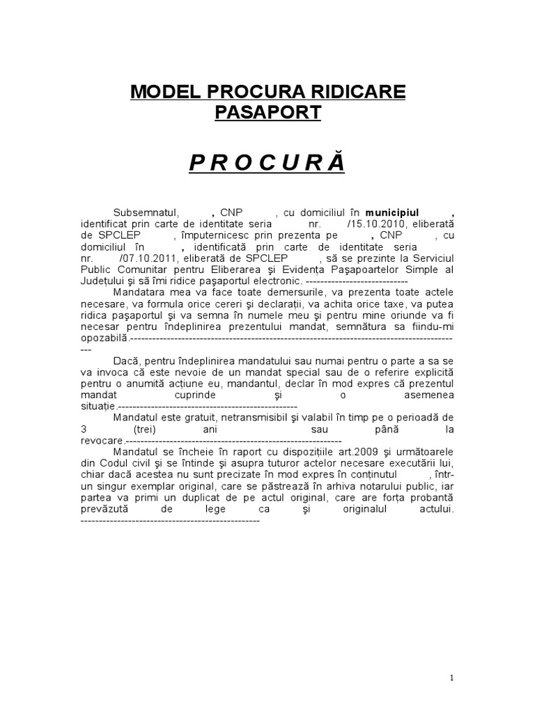 Procura Pentru Ridicare Pasaport - MODEL | PDF