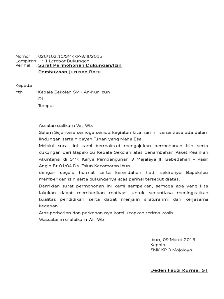 Contoh Surat Permohonan Buka Kelas