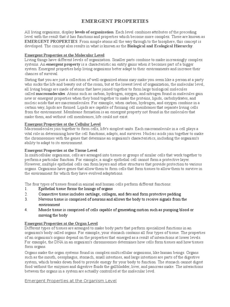 Emergent Properties Organisms Human Body