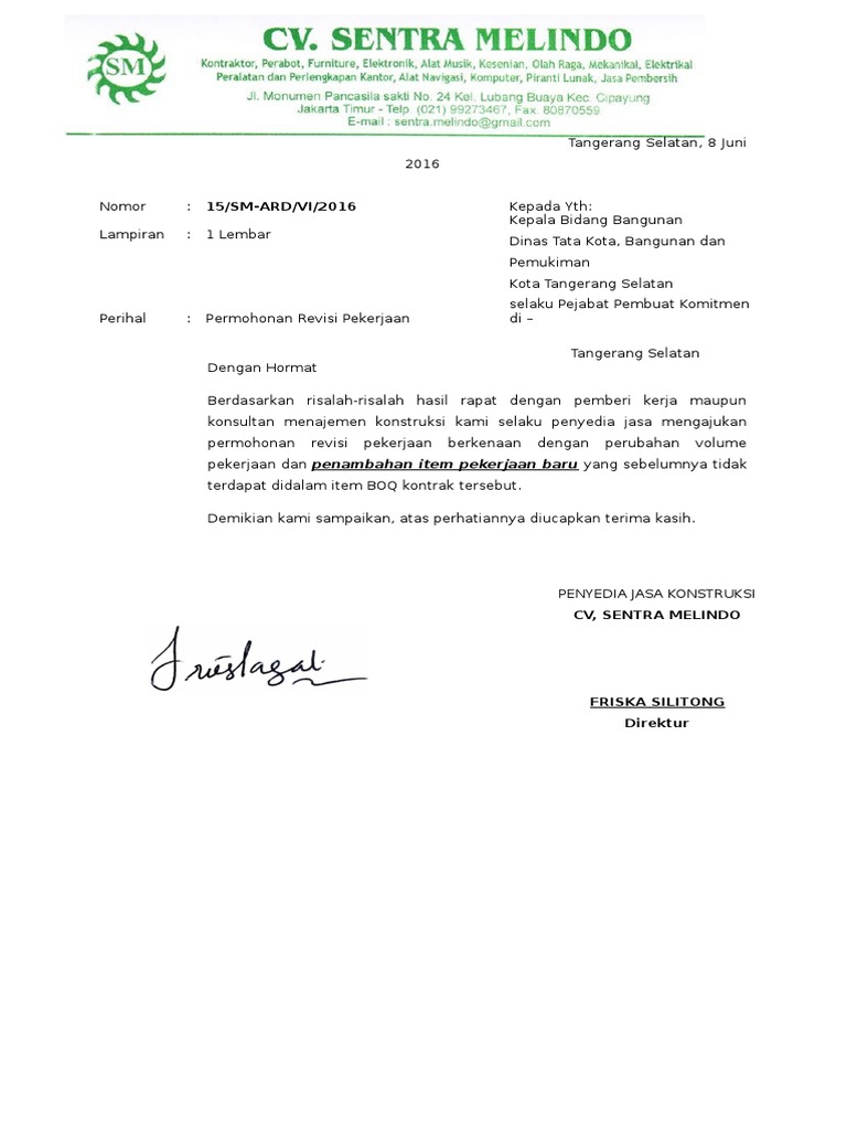 Contoh Surat Permohonan Revisi Pekerjaan