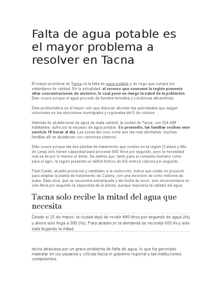 Falta de Agua Potable Es El Mayor Problema A Resolver en Tacna | PDF ...