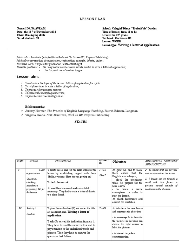Lesson Plan: Writing A Letter of Application | PDF | Homework | Cognition