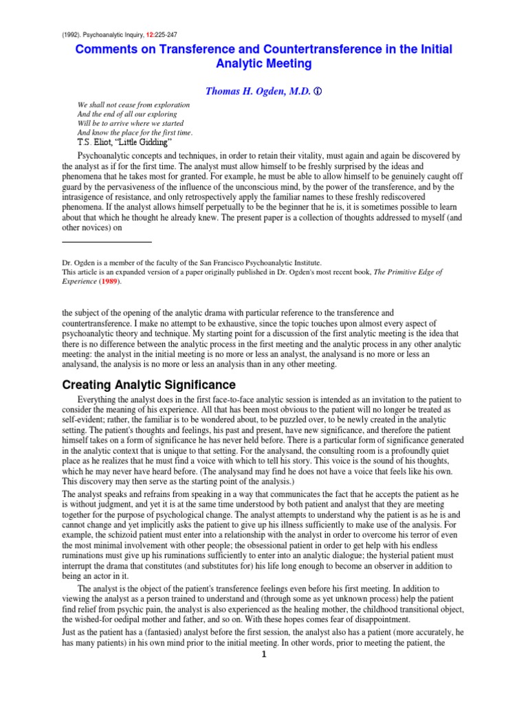 Ogden Comments On Transference And Countertransference In The Initial Analytic Meeting Pdf Psychoanalysis Jealousy