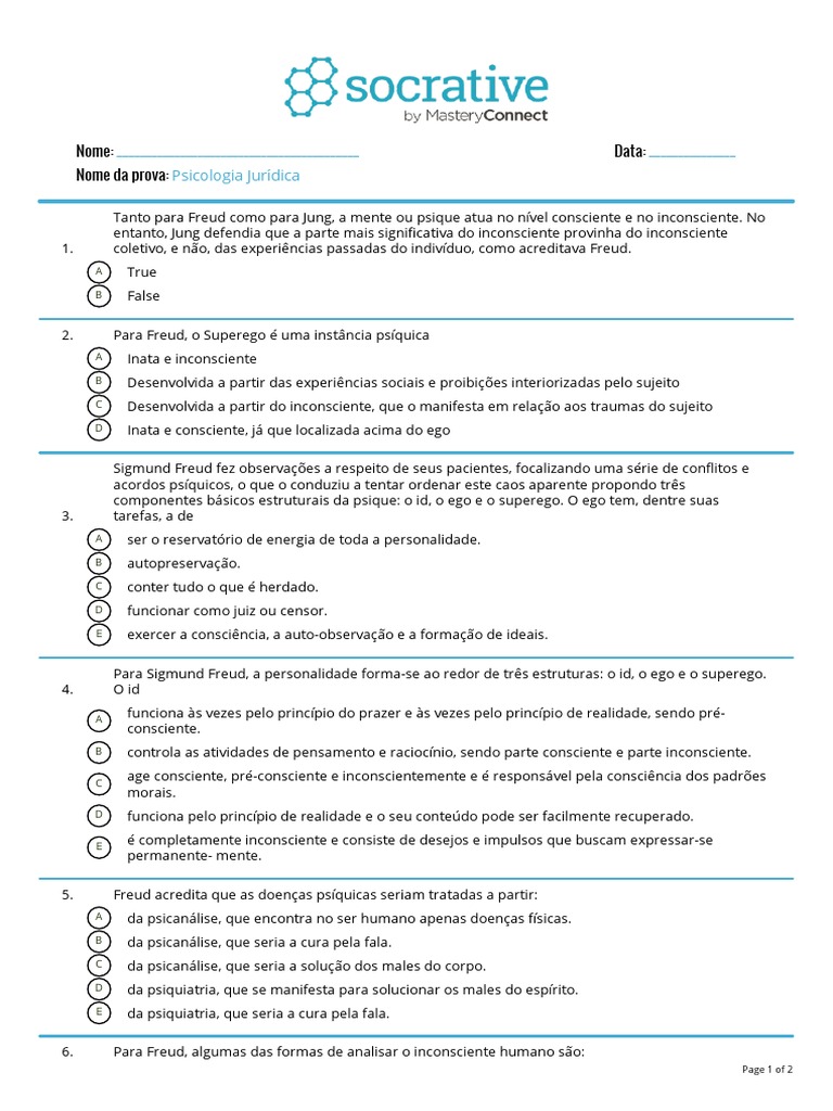Quiz de Psicologia PDF Sigmund Freud Mente inconsciente