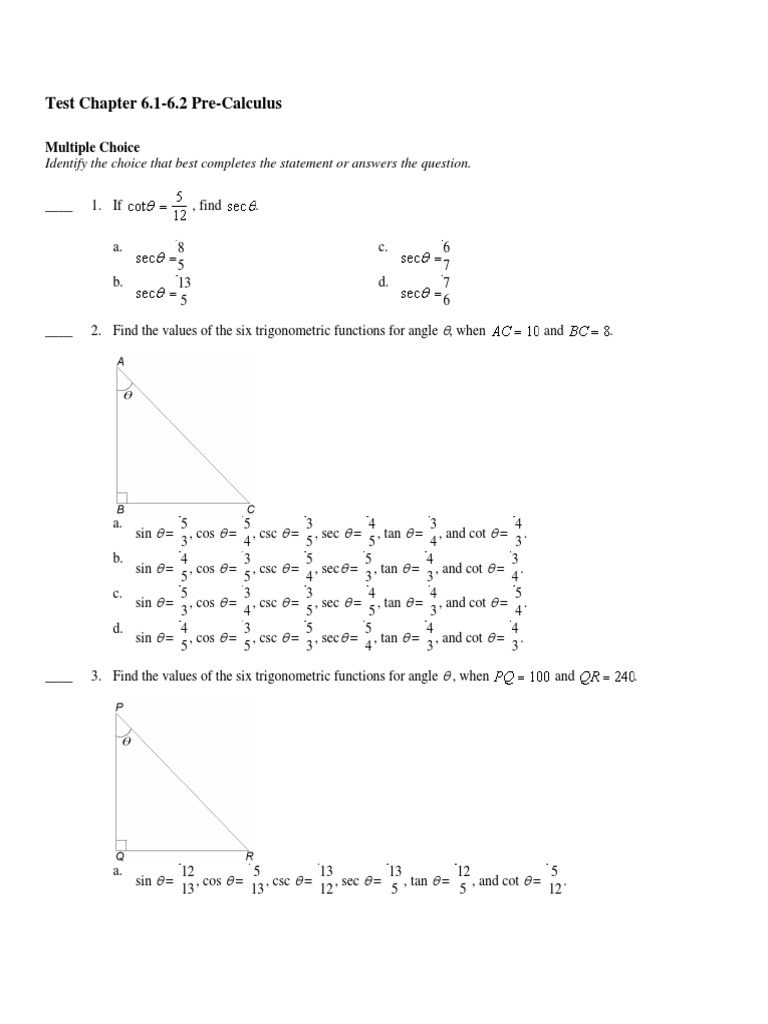 Pre-Calculus Trigonometry Test 6.1-6.2 | PDF | Trigonometry ...