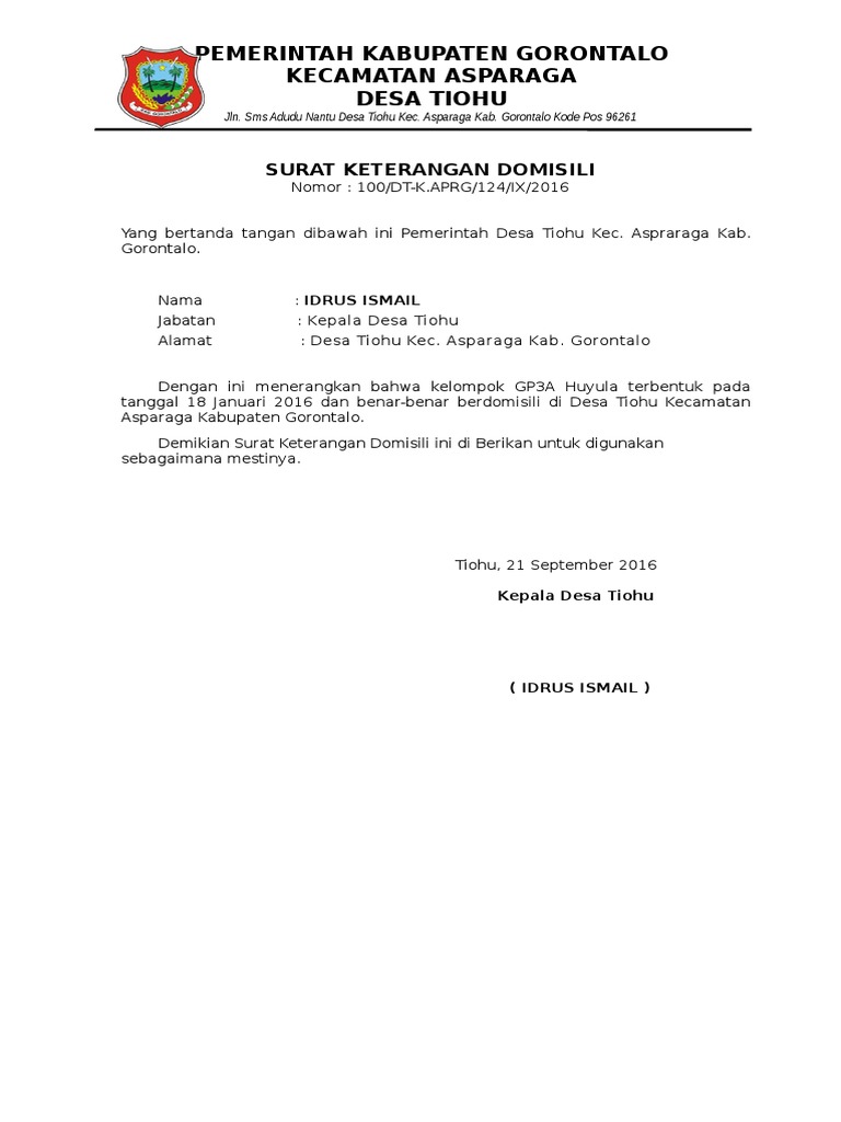 Contoh Surat Keterangan Domisili