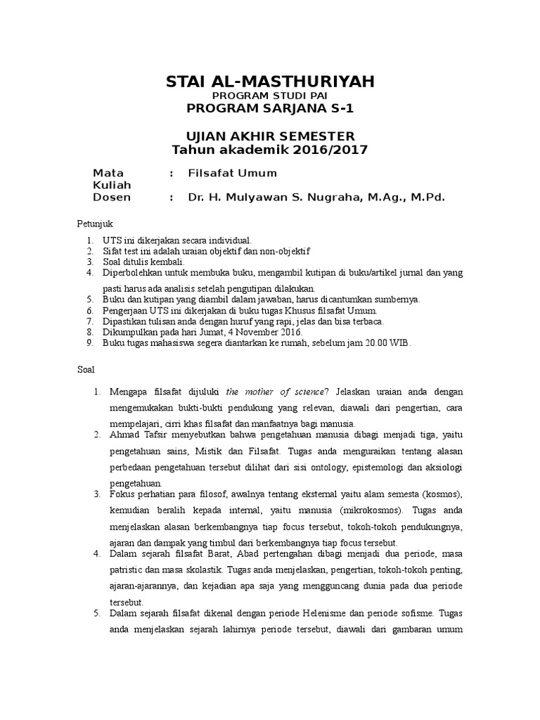 Soal Uts Filsafat Islam Cari Pembahasannya