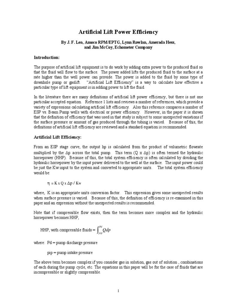Artificial Lift Power Efficiency PDF Pump Pressure