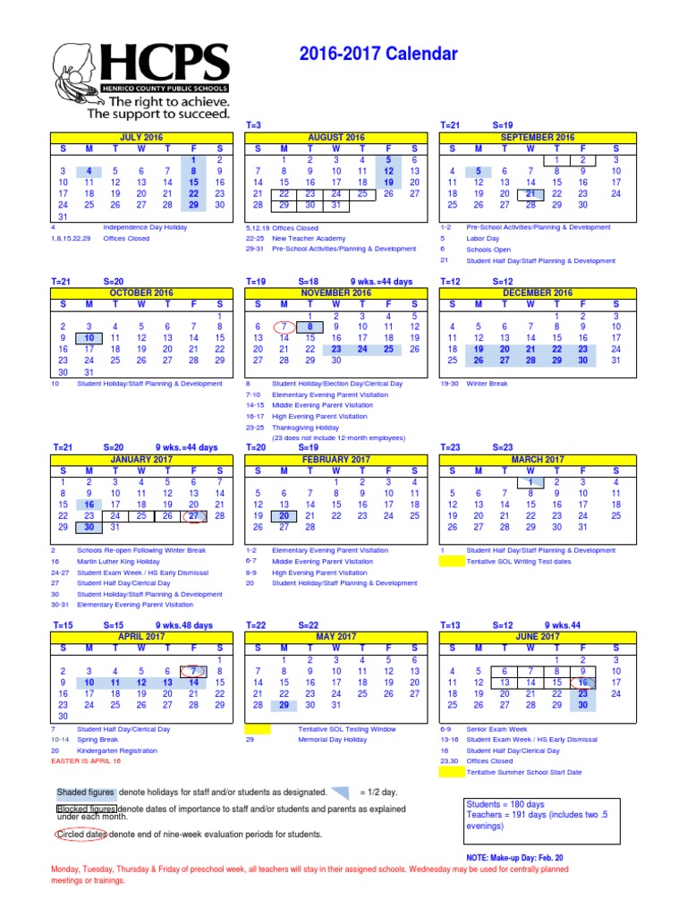 HCPS School Calendar Observances Holidays