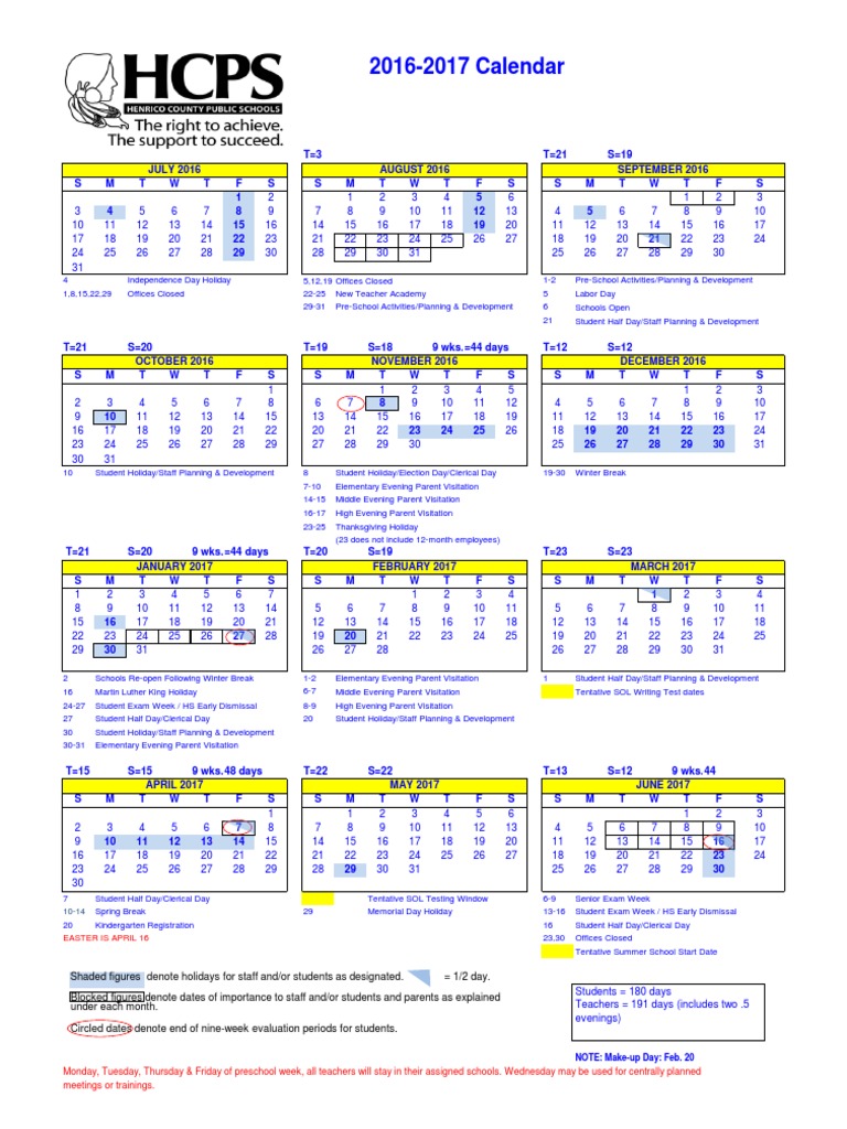 HCPS School Calendar PDF Observances Holidays