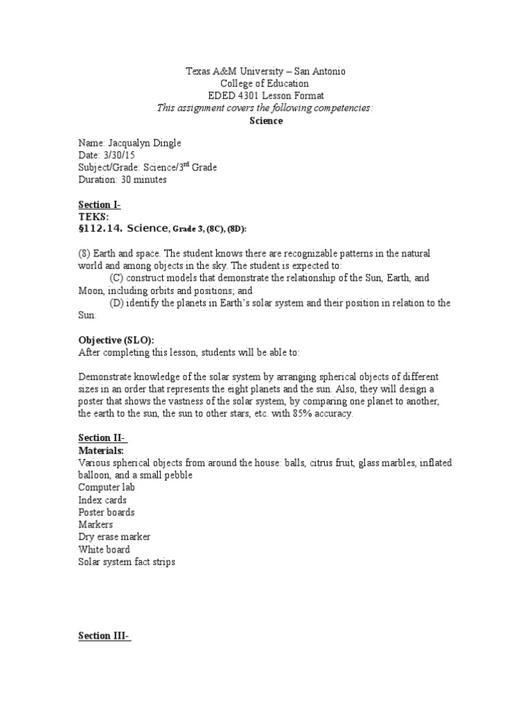 Unit Plan 3 Planets Solar System