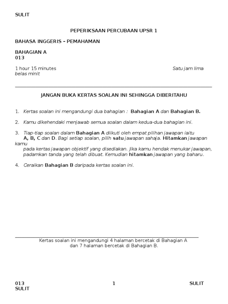 UPSR English Exam Paper 1 Guide | PDF