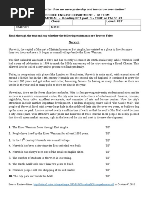 Reading Pet Part 3 True And False 1 Tourism And Leisure