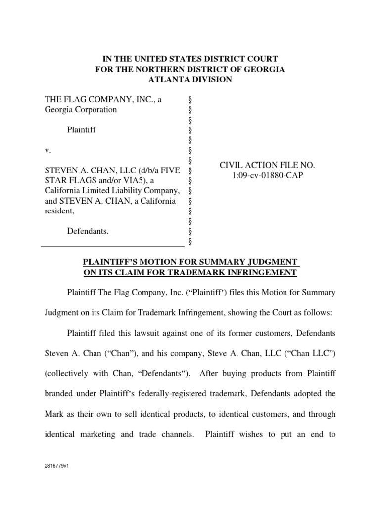 MOTION for Summary Judgment on Plaintiff's Claim for Trademark