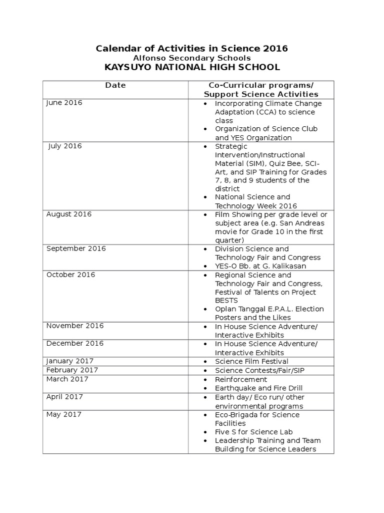 Calendar of Activities Updated PDF