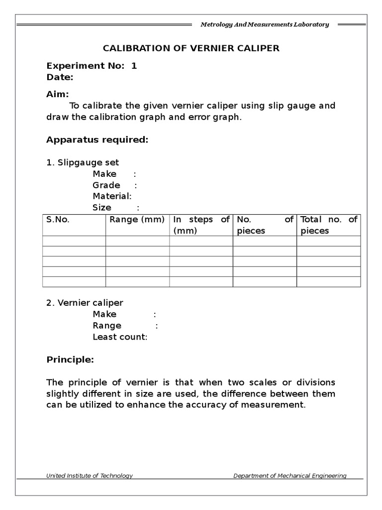 Expt 1_calibration of Vernier Caliper Calibration Measurement
