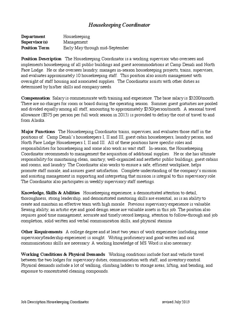 Job DescriptionHousekeeping Coordinator Housekeeping Business