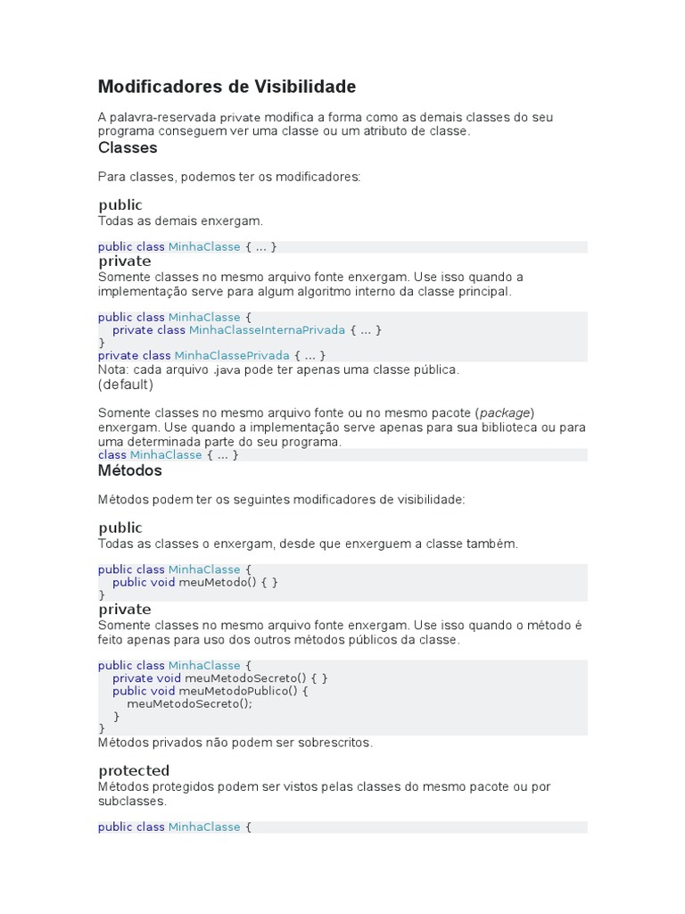 Modificadores de Acesso em Java | PDF | Classe (programação de ...