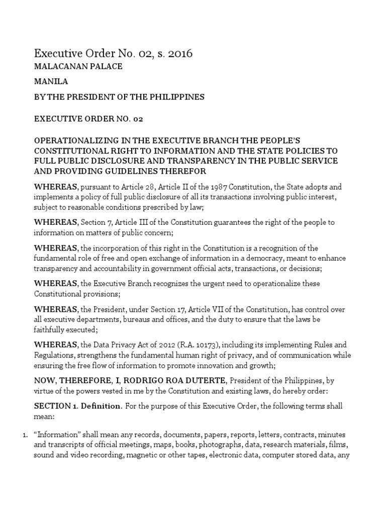 Executive Order No. 02, S. 2016FOI PDF Freedom Of Information Laws