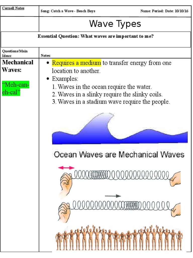 cornell notes for types of waves Experimental Physics Waves