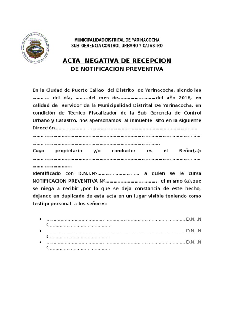 Acta de Negativa de Recepcion de Notificacion Preventiva